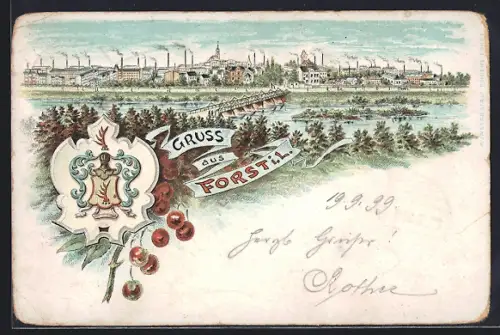 Lithographie Forst i. L., Ortspanorama mit Wappen