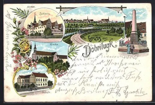 Lithographie Dobrilugk, Schloss, Kirche, Schule