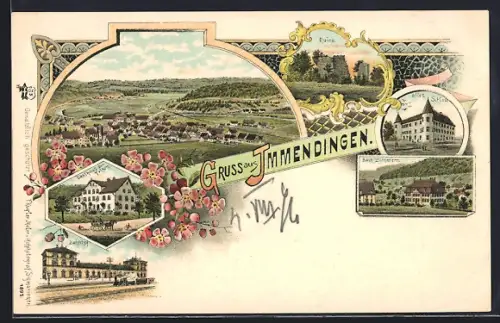Lithographie Immendingen, Gasthaus zum Falken, Bahnhof, Altes Schloss