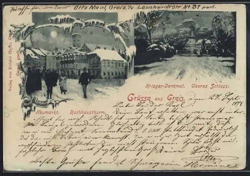 Mondschein-AK Greiz, Kriegerdenkmal, Oberes Schloss, Neumarkt, Rathhausthurm