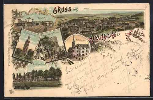 Lithographie Kirchberg / Sachsen, Schützenhaus, Bahnhof, Rathaus, Schützenthurm und Gesamtansicht