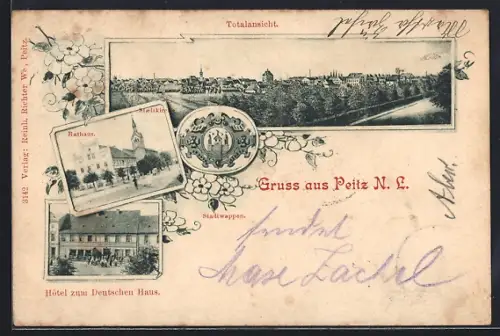 AK Peitz /N. L., Hotel zum Deutschen Haus, Rathaus, Stadtkirche, Stadtwappen