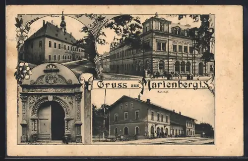 AK Marienberg i. S., Bahnhof, Rathaus, Ampshauptmanschaft, Rathausportal