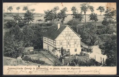AK Reitzendorf, Fachwerkhaus Sommerfrische Hennig, Kind mit Mütze