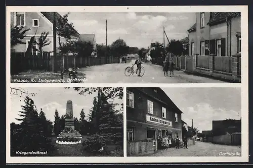 AK Kraupa, Kolonialwarenhandlung in der Dorfstrasse, Kriegerdenkmal, Kinder auf der Dorfstrasse