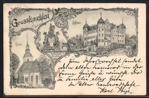 Lithographie Grosskmehlen bei Ortrand, Kirche, Schlossbrunnen