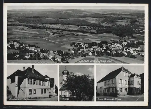 AK Eglingen / Münsingen, Totalansicht vom Flugzeug aus, Rathaus mit Rössle, Kirche, Gem.-Waren W. Bross