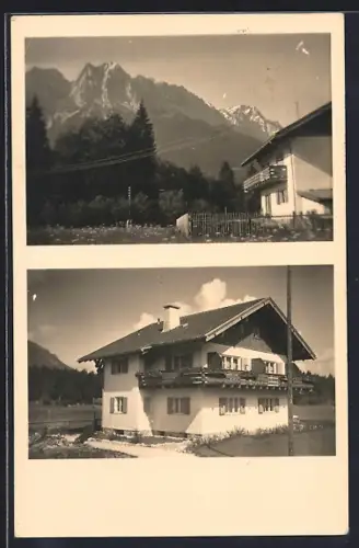 Foto-AK Grainau, Wohnhaus und Alpenpanorama im Sonnenschein