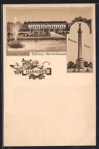 Lithographie Hannover, Schloss Herrenhausen und Waterloo-Säule