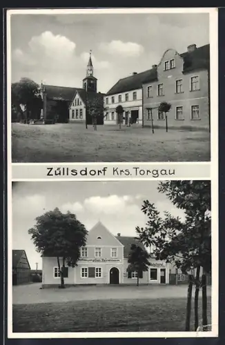 AK Züllsdorf /Torgau, Kirche, Gasthaus zum grünen Tannenbaum, Dorfansicht
