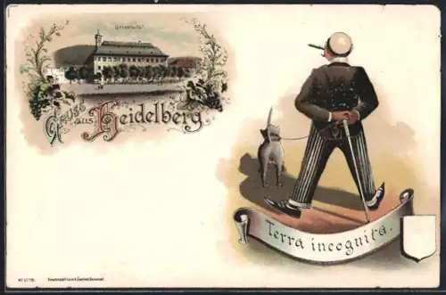 Lithographie Heidelberg, Universität, Student mit Hund