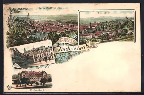 Lithographie Rudolstadt, Ansicht vom Hain, Nordansicht, Markt, Rudolsbad