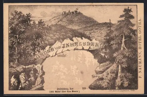 Lithographie Inselsberg, Aussicht auf den Grossen Inselsberg, Thorstein und Zwerge