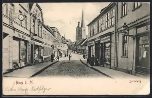 AK Burg b. M., Strasse Breiteweg mit Geschäft von Peter Müller