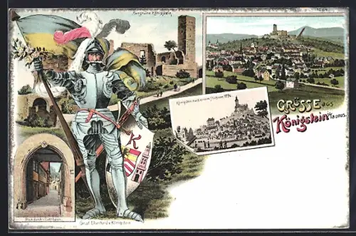 Lithographie Königstein i. Taunus, Burgruine, Graf Eberhard von Königstein und Blick durchs Rathaus