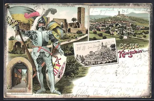 Lithographie Königstein i. Taunus, Burgruine, Stadtansicht, Graf Eberhardt v. Königstein