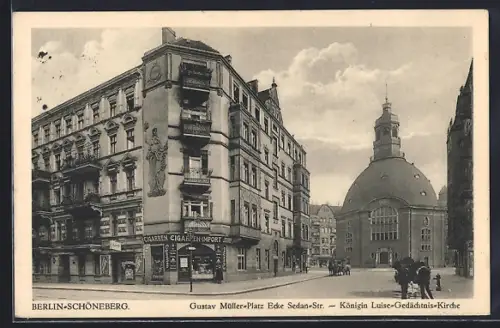 AK Berlin-Schöneberg, Gustav-Müller-Platz Ecke Sedanstrasse, Königin-Luise-Gedächtnis-Kirche