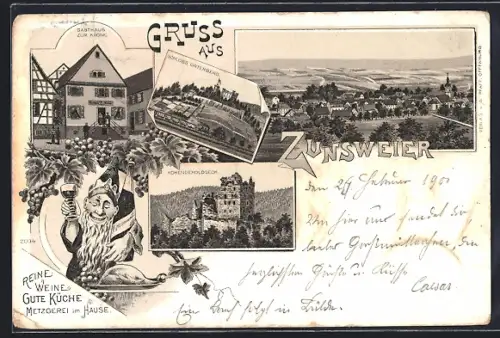 Lithographie Zunsweier, Gasthaus zur Krone, Schloss Ortenberg, Hohengeroldseck und Totalansicht, Zwerg mit Weinglas