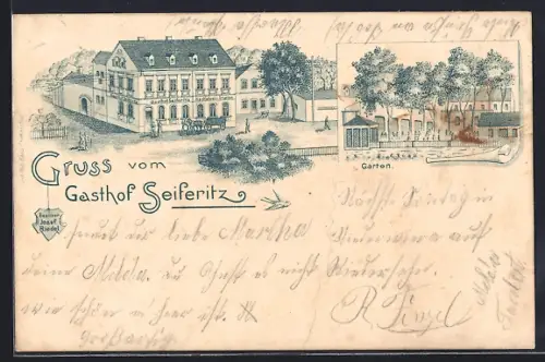 Lithographie Seiferitz, Gasthof Seiferitz, Bes. Josef Riedel, Garten
