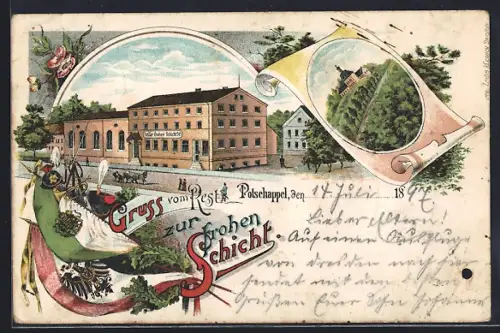 Lithographie Potschappel, Restaurant Zur frohen Schicht, Fahnen und Eichenzweig