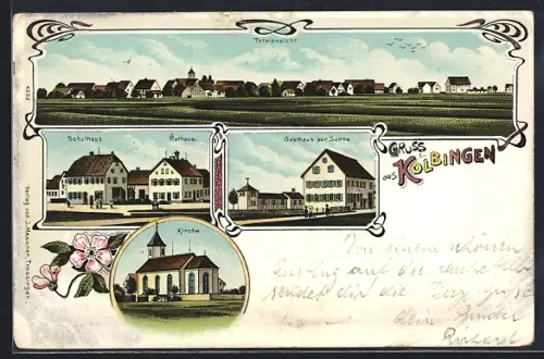 Lithographie Kolbingen, Gasthaus zur Sonne, Schulhaus, Rathaus und Kirche