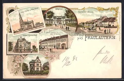 Lithographie Fraulautern, Hotel Kaiserhof, Hotel Landeskrone von W. Jacobs, Kirche und Bahnhof
