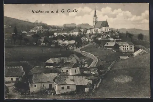 AK Reichenau a. d. G., Ortsansicht mit Strasse u. Kirche aus der Vogelschau