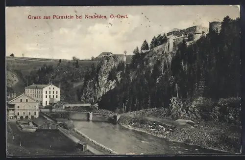AK Pürnstein, Ortspartie mit Flussbrücke