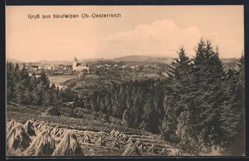 AK Neufelden /O.-Ö., Ortsansicht aus der Ferne, mit Garben und Wald