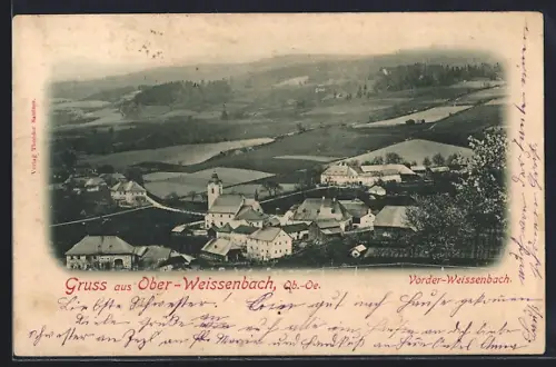 AK Ober-Weissenbach /O.-Ö., Vorder-Weissenbach, Ortsansicht mit Umgebung aus der Vogelschau