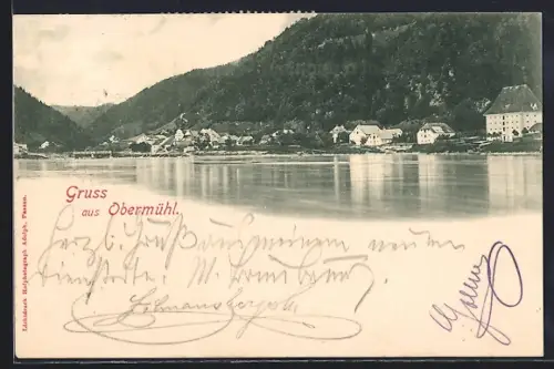 AK Obermühl, Ortspanorama vom Wasser aus