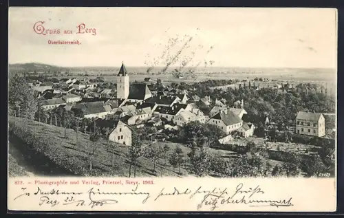 AK Perg /O.-Ö., Totalansicht mit Fernblick aus der Vogelschau