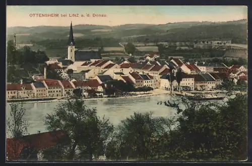 AK Ottensheim bei Linz, Ortsansicht mit Donau u. Bergpanorama aus der Vogelschau