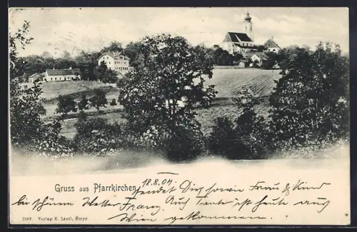 AK Pfarrkirchen, Ortspanorama mit Kirche u. Umgebung