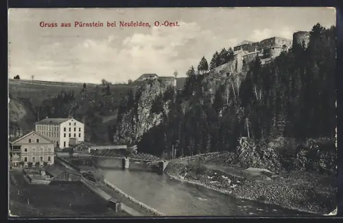 AK Pürnstein, Ortspartie mit Flussbrücke