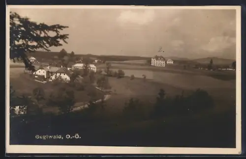 AK Gugiwald /O.-Ö., Ortsansicht mit Landstrasse u. Umgebung aus der Vogelschau