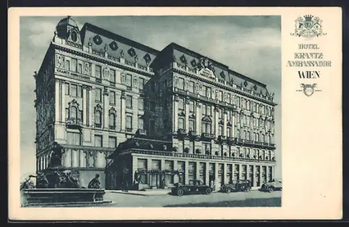 AK Wien I, Hotel Krantz-Ambassador, Autos, Brunnen