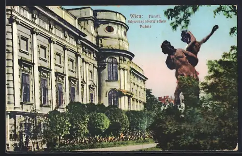AK Wien, Fürstl. Schwarzenbergsches Palais mit Anlage u. Statue