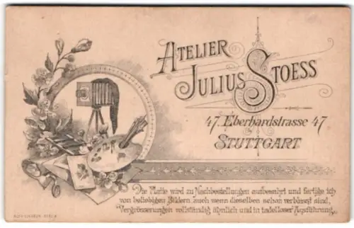 Fotografie Julius Stoess, Stuttgart, Eberhardstrasse 47, Plattenkamera, Malpalette und Fotografien