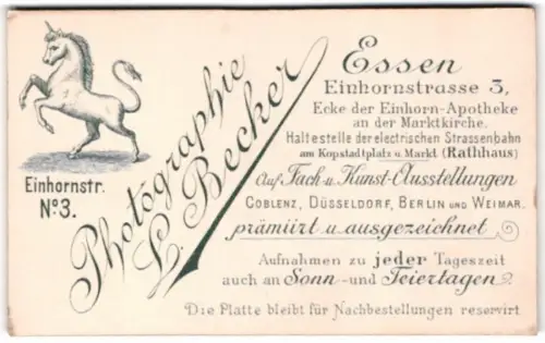 Fotografie L. Becker, Essen, Einhornstrasse 3, aufbäumendes Einhorn nebst Anschrift des Fotografen
