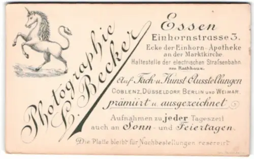 Fotografie L. Becker, Essen, Einhornstrasse 3, Einhorn bäumt sich auf, Anschrift des Atelier