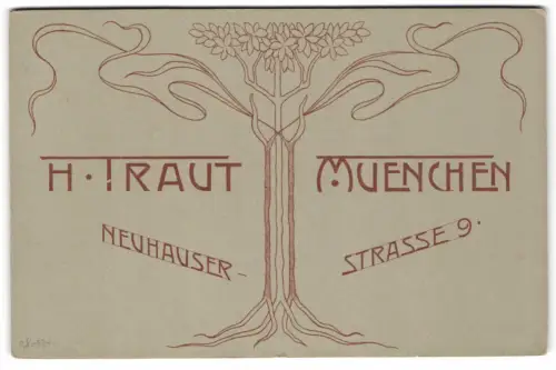 Fotografie H. Traut, München, Neuhauser Strasse 9, Baum mit Anschrift des Atelier