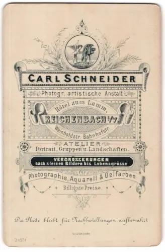 Fotografie Carl Schneider, Reichenbach i.V., Weinholdstr. Bahnhofstr., Engel mit Plattenkamera über Atelier Anschrift
