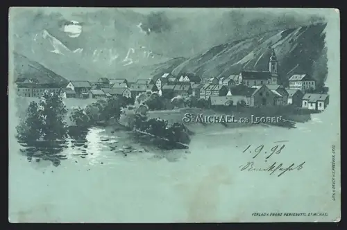 Künstler-AK St. Michael ob Leoben, Ortsansicht mit Wasser und Gebirge bei Vollmond