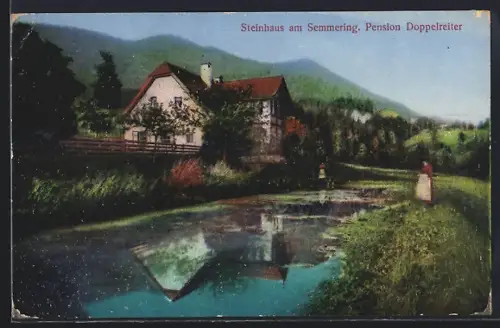 AK Steinhaus am Semmering, Pension Doppelreiter mit Gewässer u. Bergpanorama