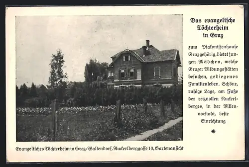 AK Graz, Waltendorf, Evangelisches Töchterheim, Ruckerlberggasse 10, Gartenansicht