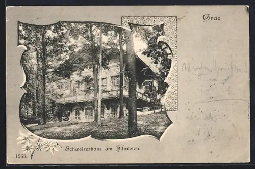 AK Graz, Gaststätte Schweizerhaus am Hilmteich, Rahmen, Ornamente