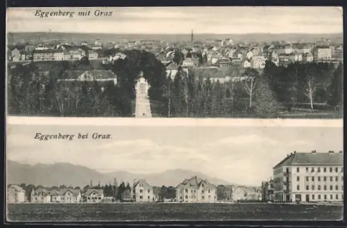 AK Eggenberg bei Graz, Ortspanorama, Ortsansicht mit Graz aus der Vogelschau