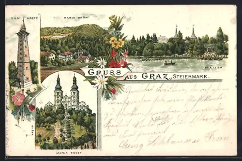 Lithographie Graz, Hilmwarte, Hillteich mit Maria Grün, Blumen