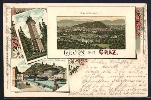 Lithographie Graz, Ortsansicht v. d. Hilmwarte, Hilmwarte, Schlossberg